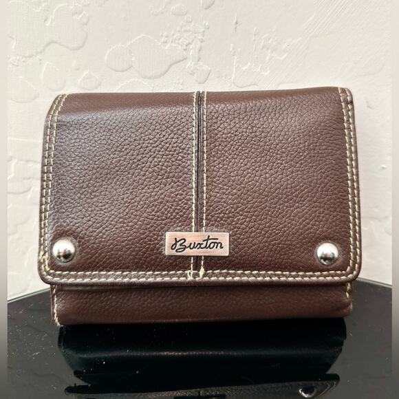 Buxton Handbags - BUXTON | Brown Leather Trifold Wallet with Contrast Stitching Snap Closure